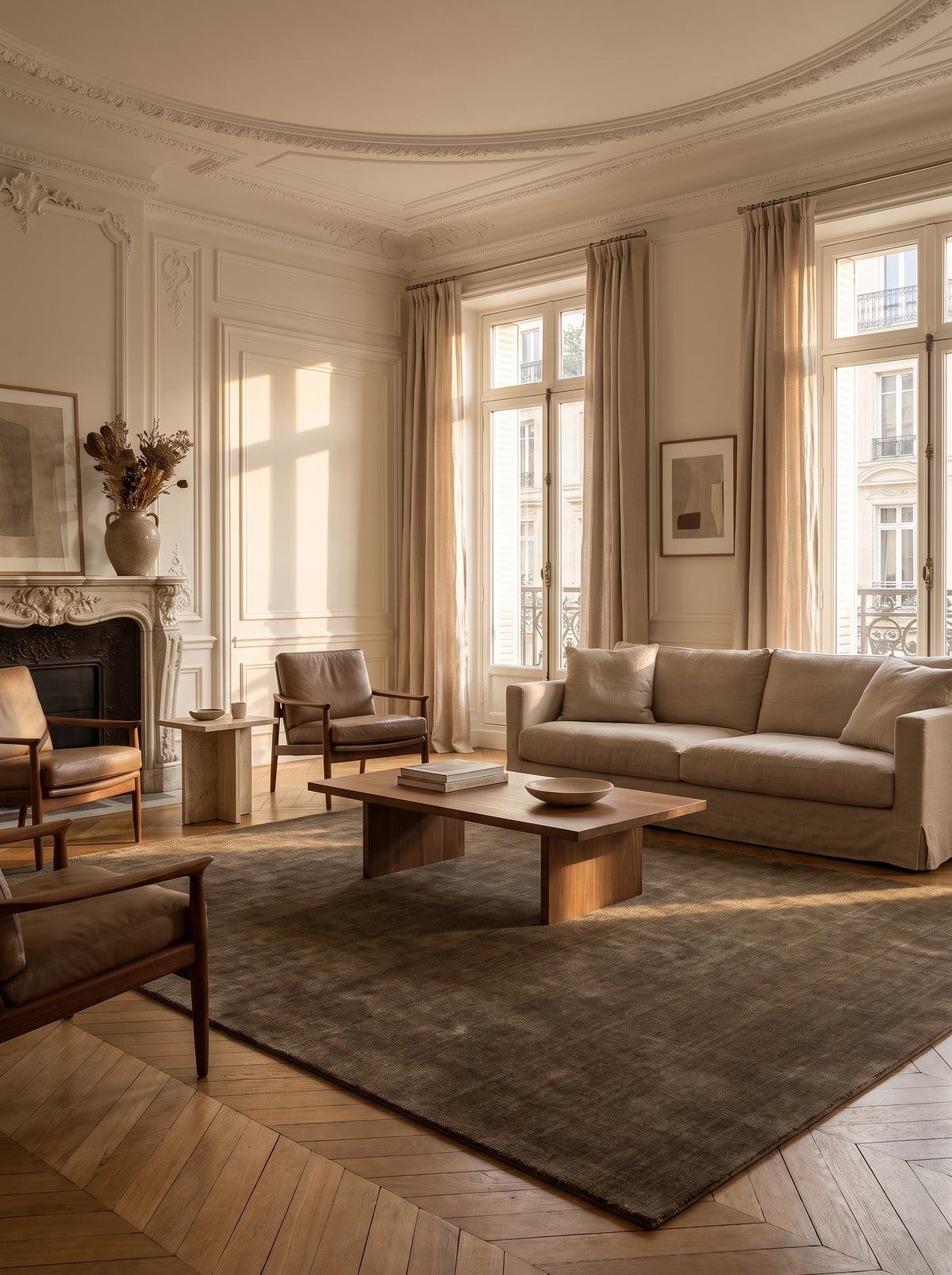 Des motifs discrets et un velours de laine brun foncé, ce tapis fait main réchauffe élégamment un salon haussmannien