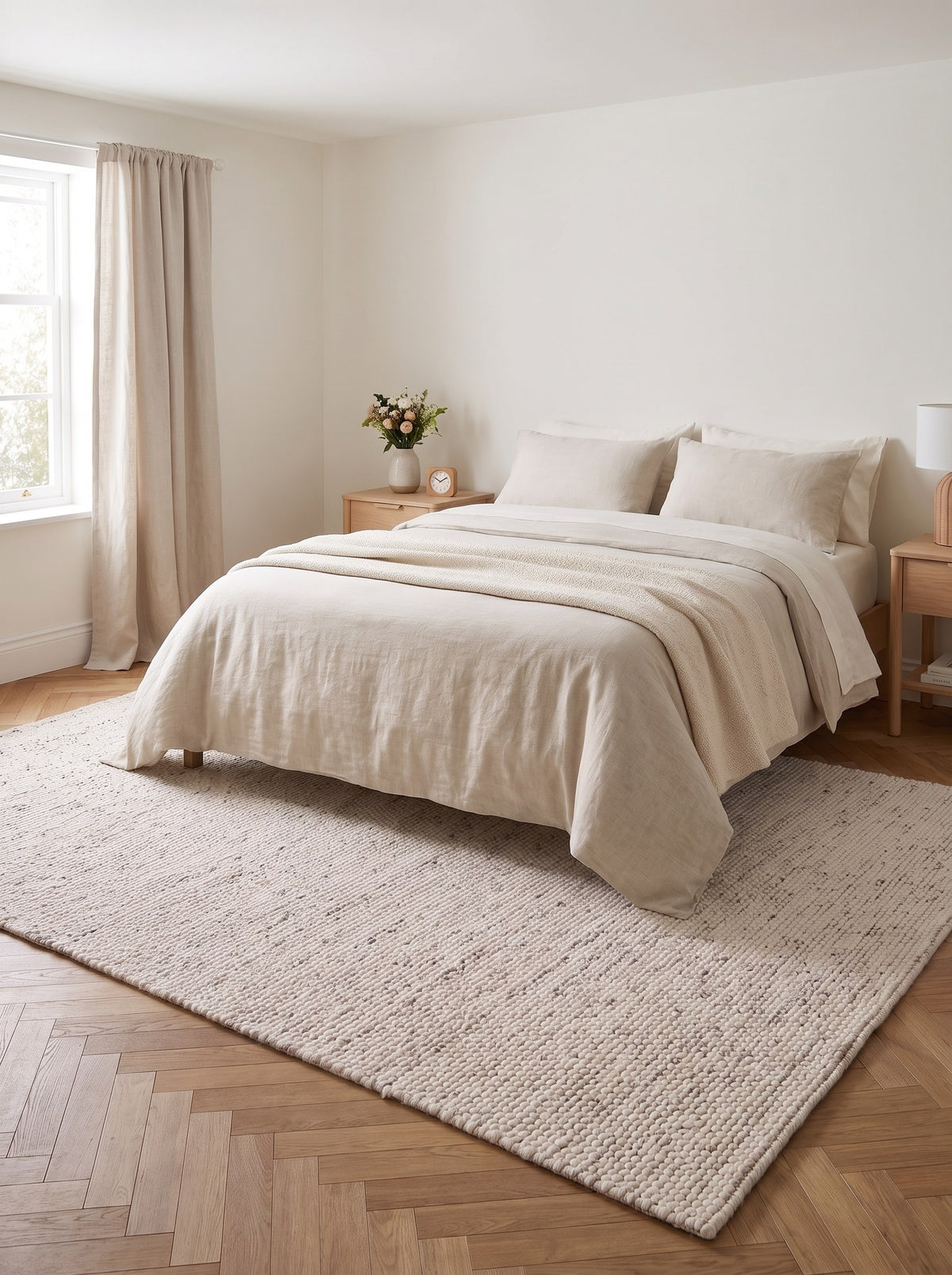 Wollteppich Creme & Braun - Grano unter dem Bett im Schlafzimmer einer renovierten Altbauwohnung, auf altem Eichenparkett