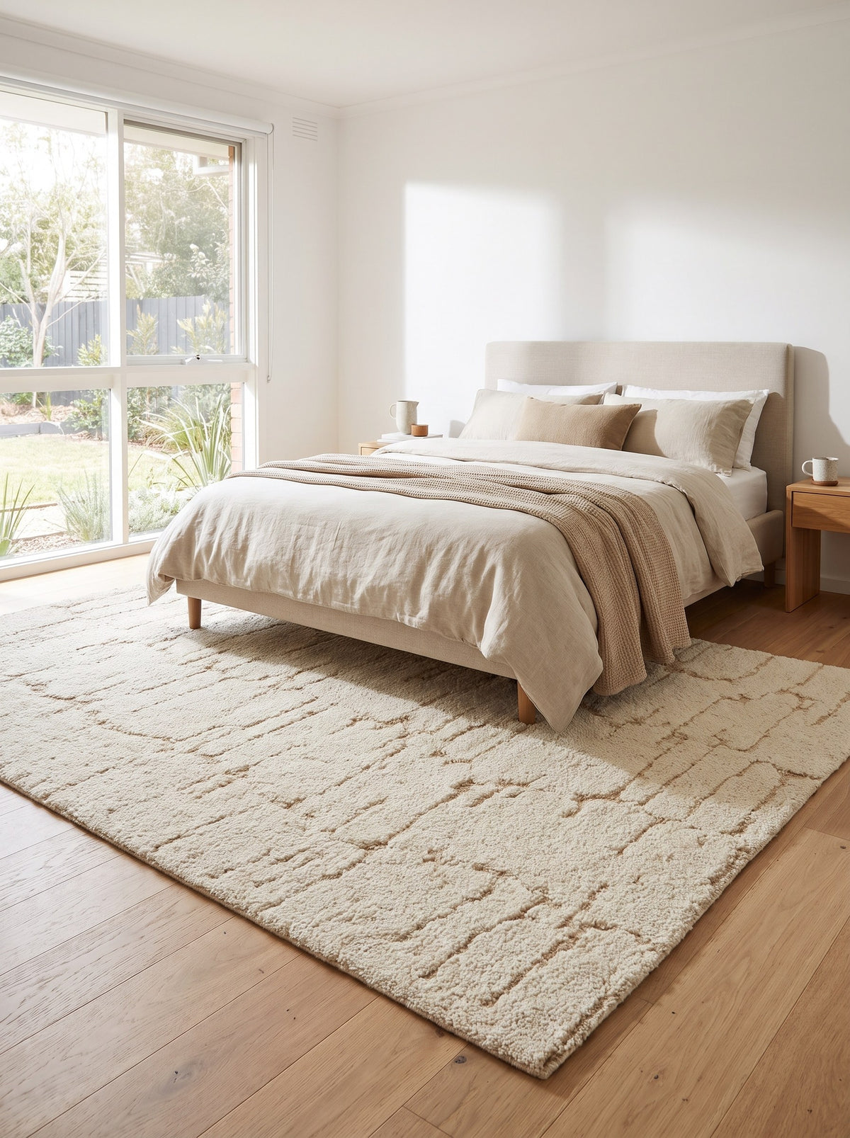 Tapis 100% Laine Crème et Sable - Calce sous le lit d'une chambre de maison des années 70 au parquet de chêne clair