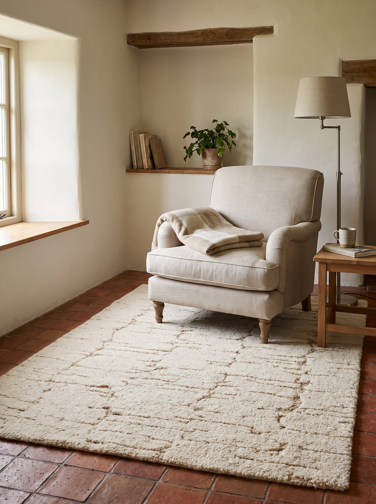 Tapis 100% Laine Crème et Sable - Calce dans le coin lecture d'une longère rénovée, sur des tomettes anciennes