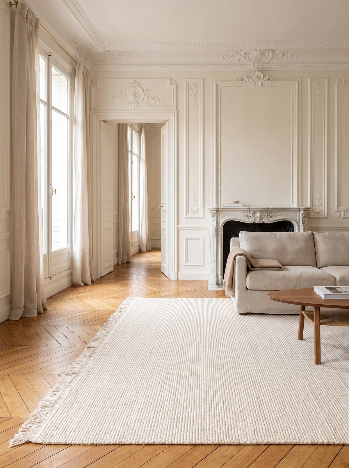 Wollteppich Creme - Lanosa im Wohnzimmer einer Haussmann-Wohnung in Paris mit Chevron-Parkett