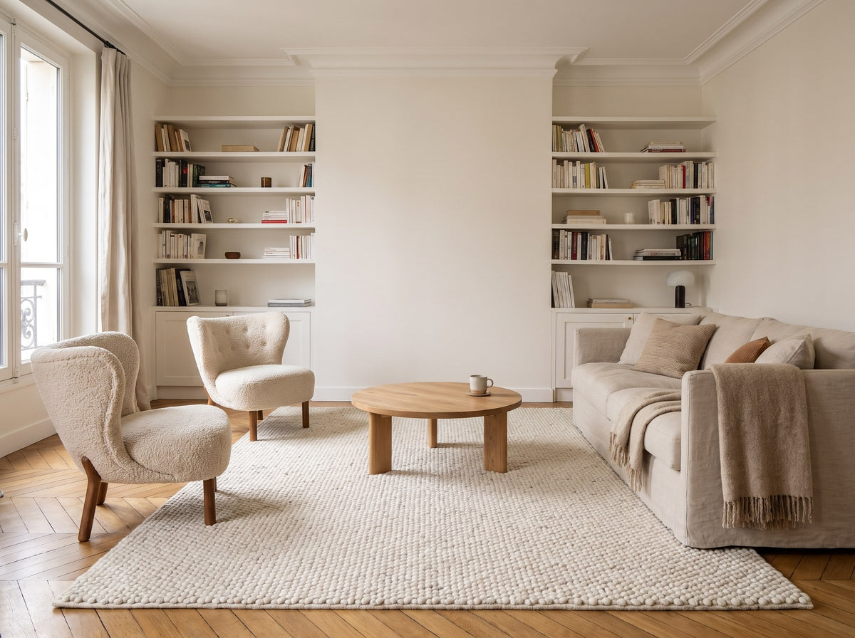 Inspiration déco : Tapis 100% Laine Écru - Ciottolo dans un salon d'appartement ancien au vieux parquet de chêne
