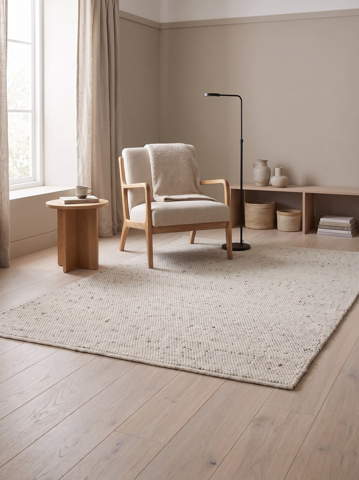 Ecru 100% Wool Rug - Grezzo in the reading nook of a Japandi-style flat, on limed oak floorboards