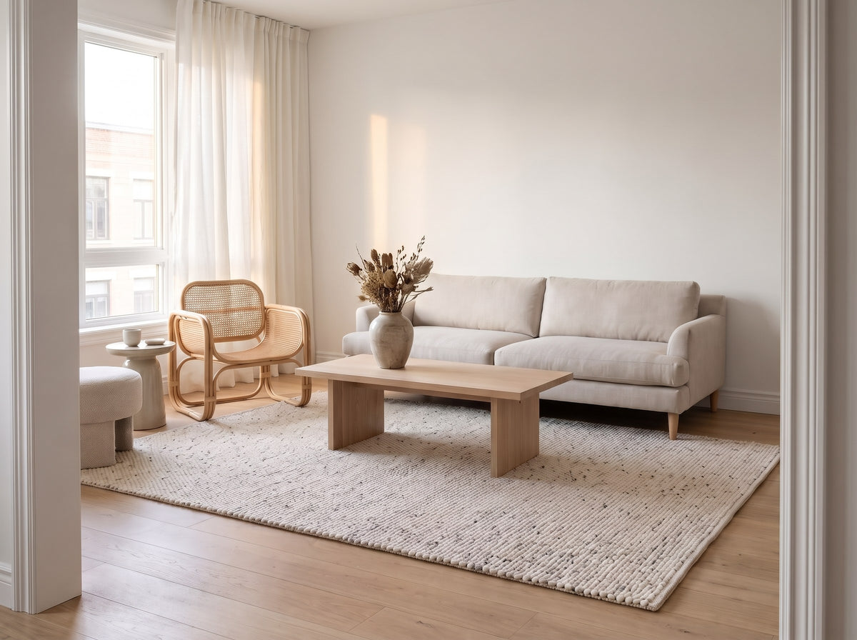 Inspiration déco : Tapis 100% Laine Écru - Grezzo dans un salon lumineux au parquet de chêne clair