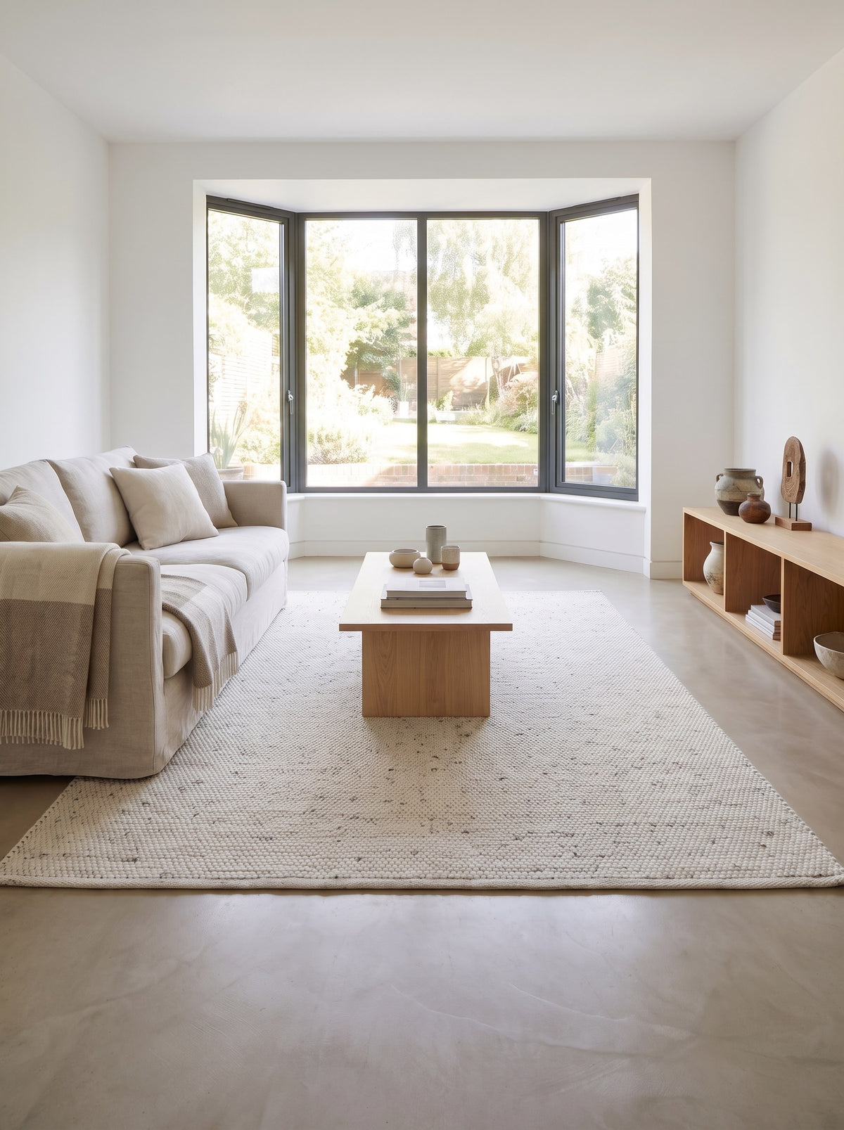 Wollteppich Naturbeige - Grezzo im Wohnzimmer eines Architektenhauses mit poliertem Betonboden