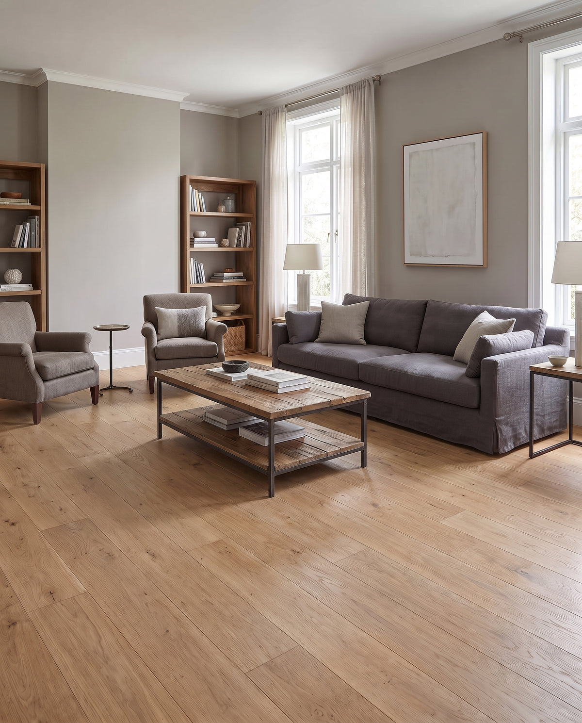 Ce salon élégant au sol nu présente un canapé gris, deux fauteuils, une table basse en bois et des bibliothèques