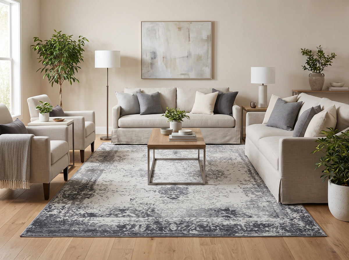 La texture laineuse et les motifs abstraits gris et ivoire d'un tapis fait main dans un salon contemporain