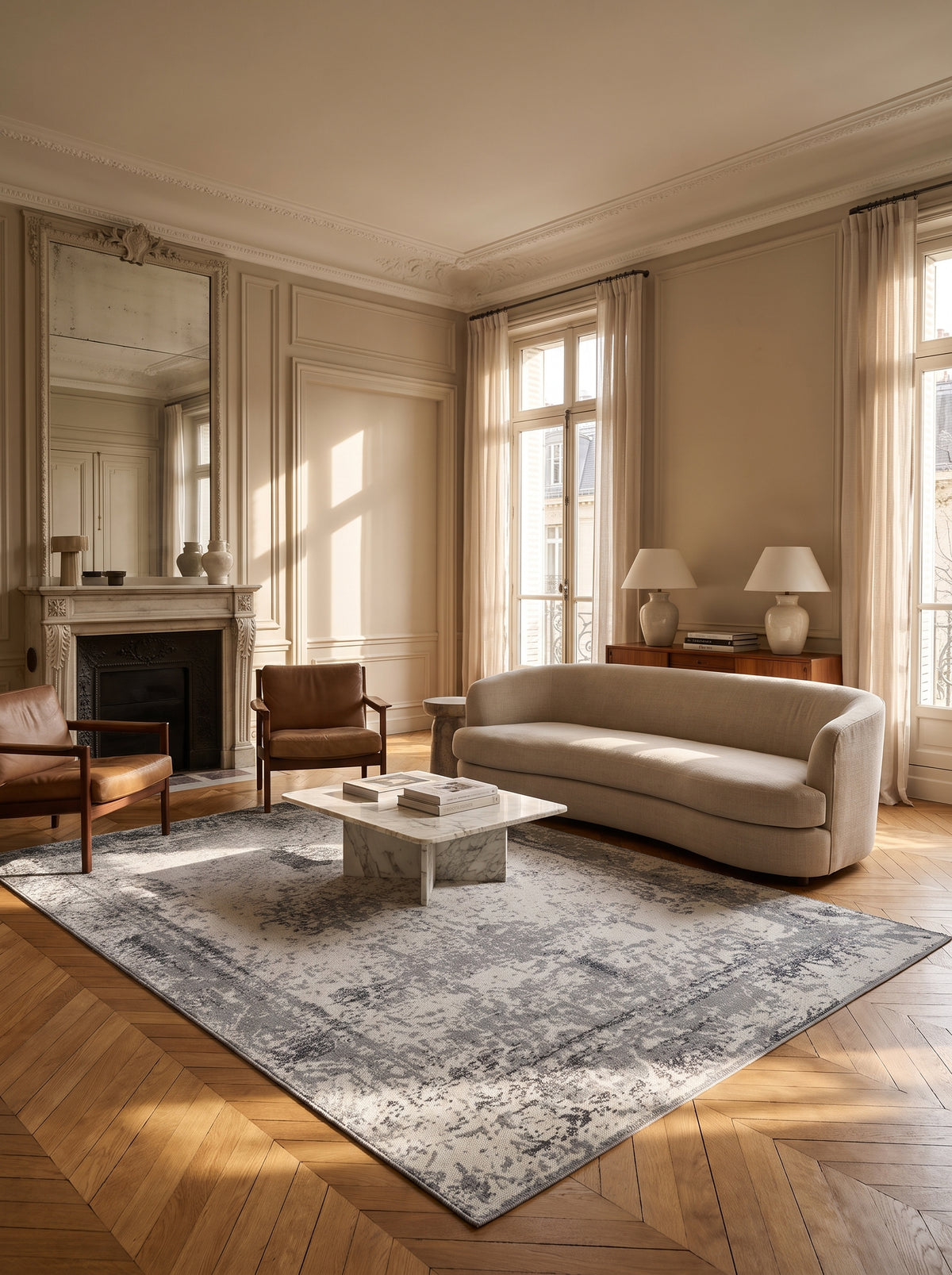 Motifs abstraits délavés sur un tapis en laine fait main gris et ivoire, au sol d'un salon haussmannien
