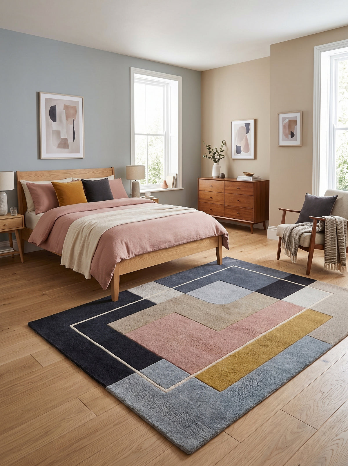 Motifs géométriques gris, rose et ocre d'un tapis en laine tuftée main au relief sculpté, posé dans une chambre claire