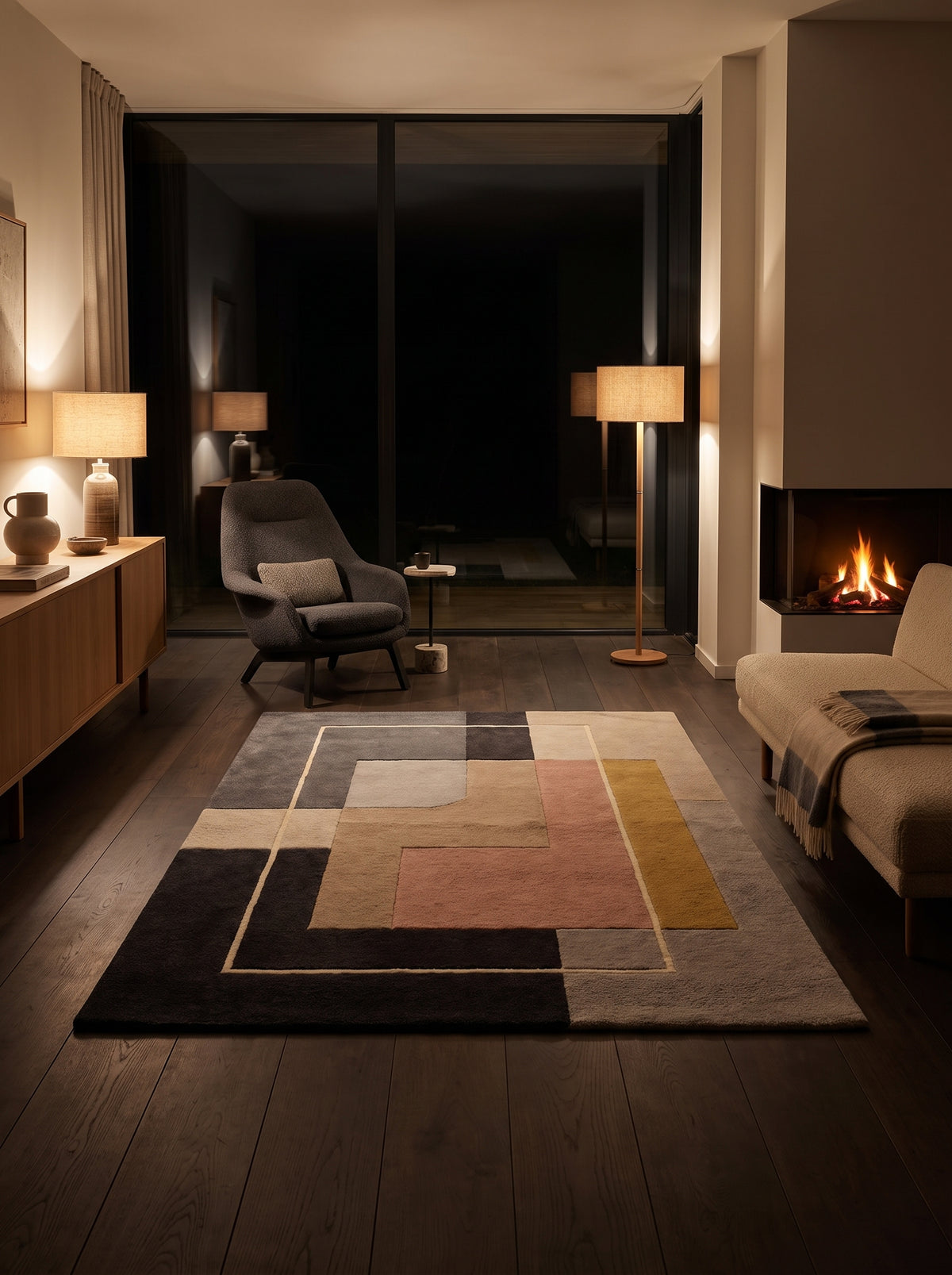 Tapis en laine tuftée main aux tons gris, rose, ocre, noir et ivoire anime un salon de nuit