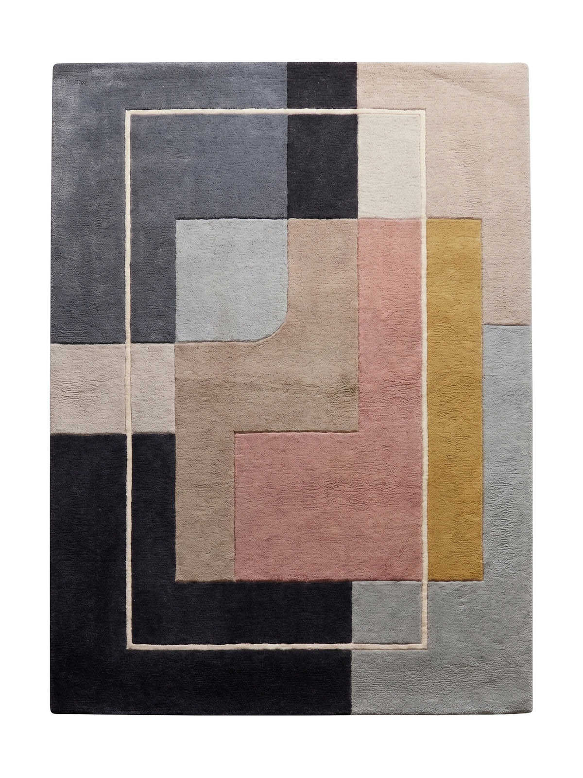Gris, rose, ocre et noir forment des blocs géométriques sculptés sur ce tapis de laine encadré d'ivoire
