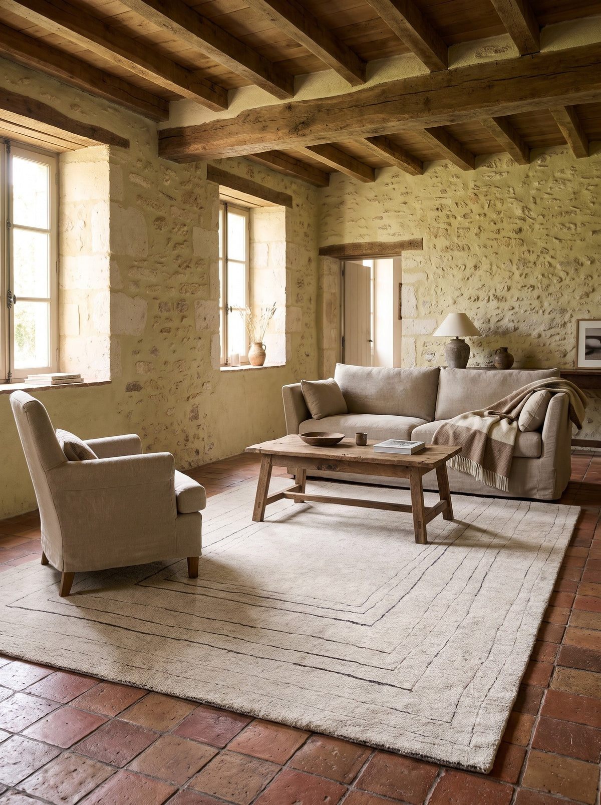 Wollteppich Elfenbein - Arcata mitten im Wohnzimmer eines renovierten Bauernhauses, auf alten Terrakottafliesen