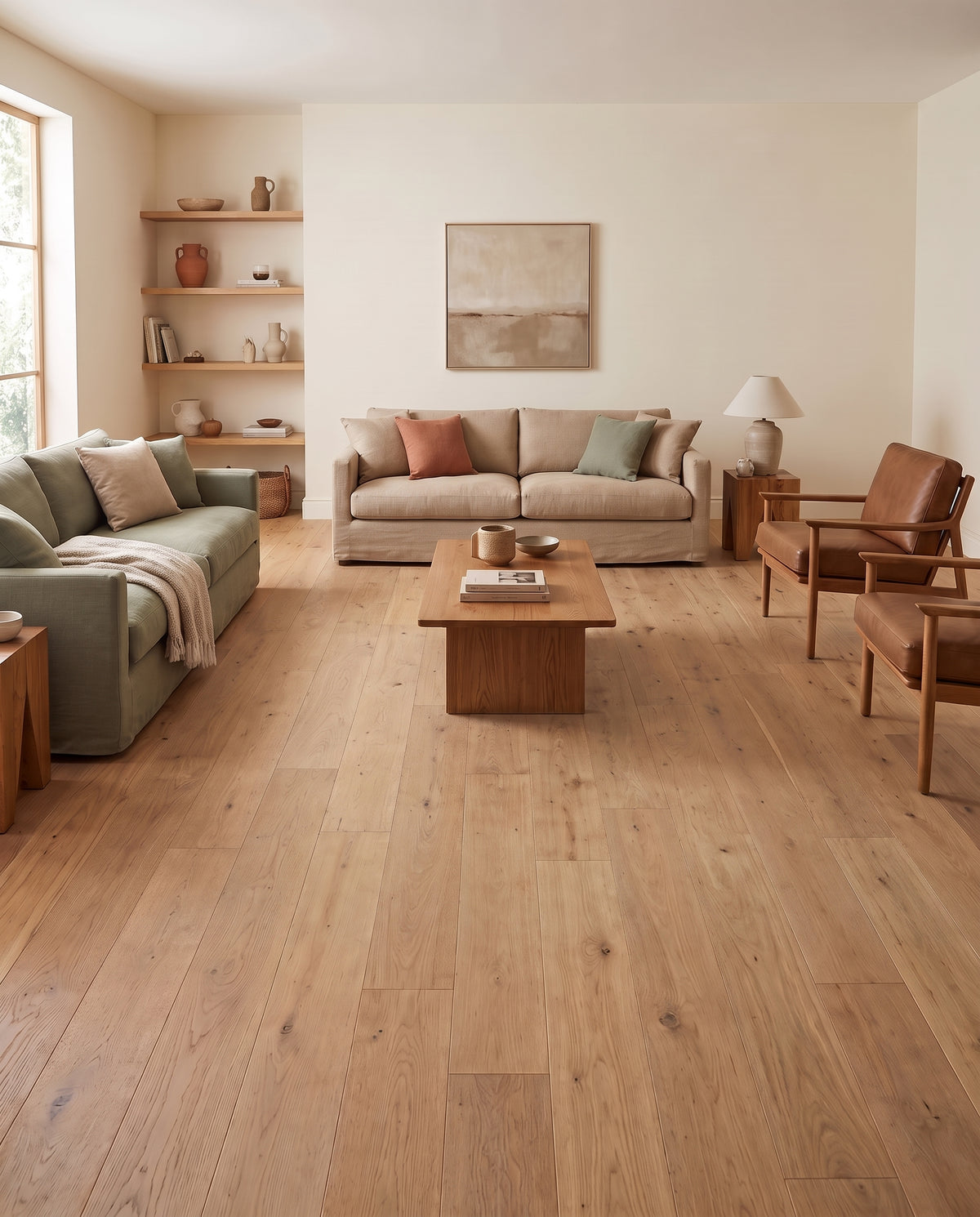 Un salon clair au sol nu en parquet, avec canapés vert sauge et beige, fauteuils en cuir et étagères décorées