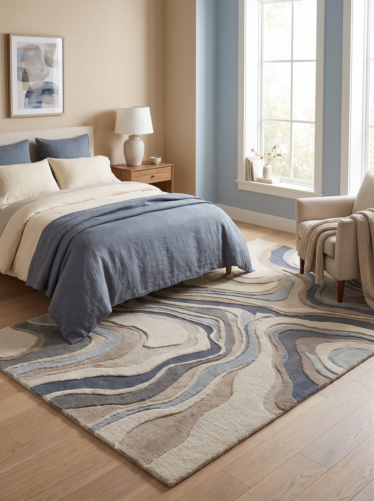 Des motifs de strates sinueuses en laine ivoire, sable et bleus, aux reliefs bouclés et tondus, animent cette chambre