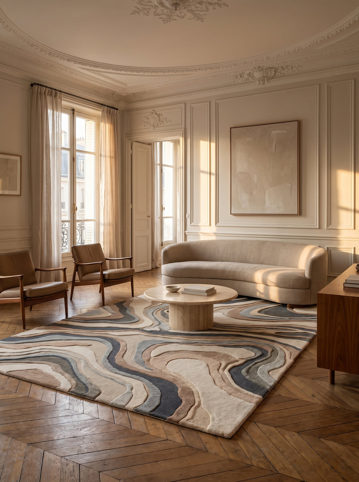 En laine faite main, ses reliefs tondus et bouclés dessinent des strates ondulantes ivoire, sable et bleues dans un salon