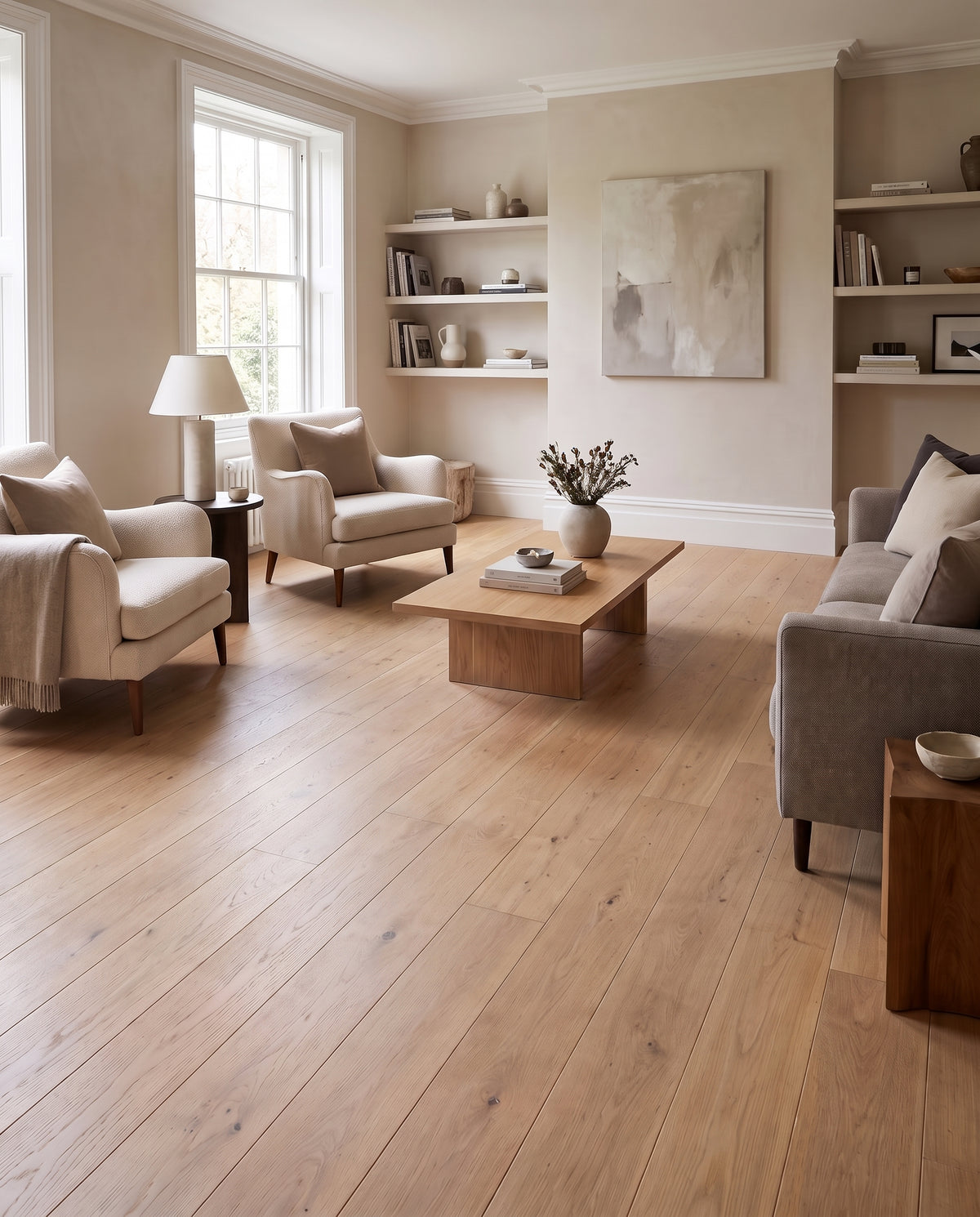Le sol parqueté clair d'un salon sans tapis, orné d'un canapé gris, fauteuils crème et étagères