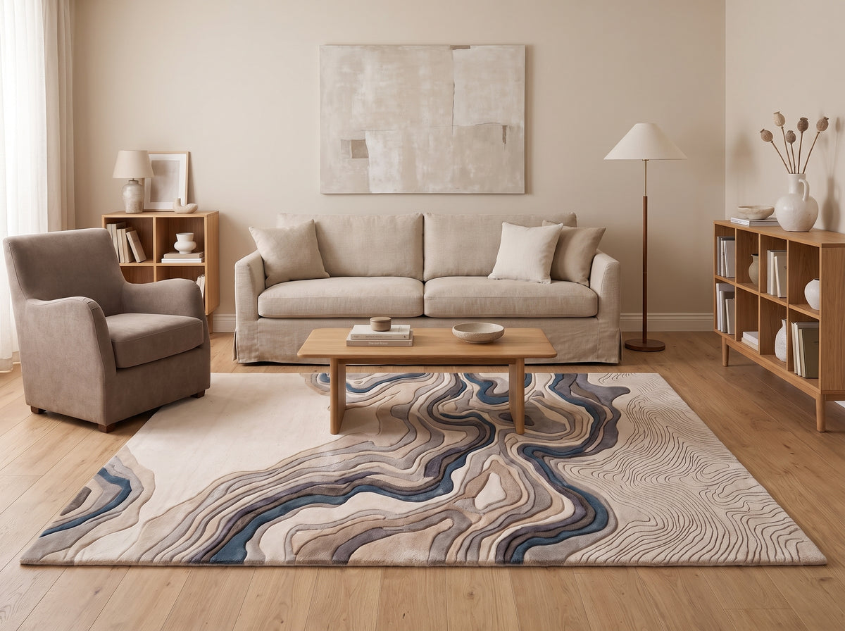 Ivoire, bleu et gris, ce tapis en laine sculptée présente des strates ondulantes dans un salon moderne