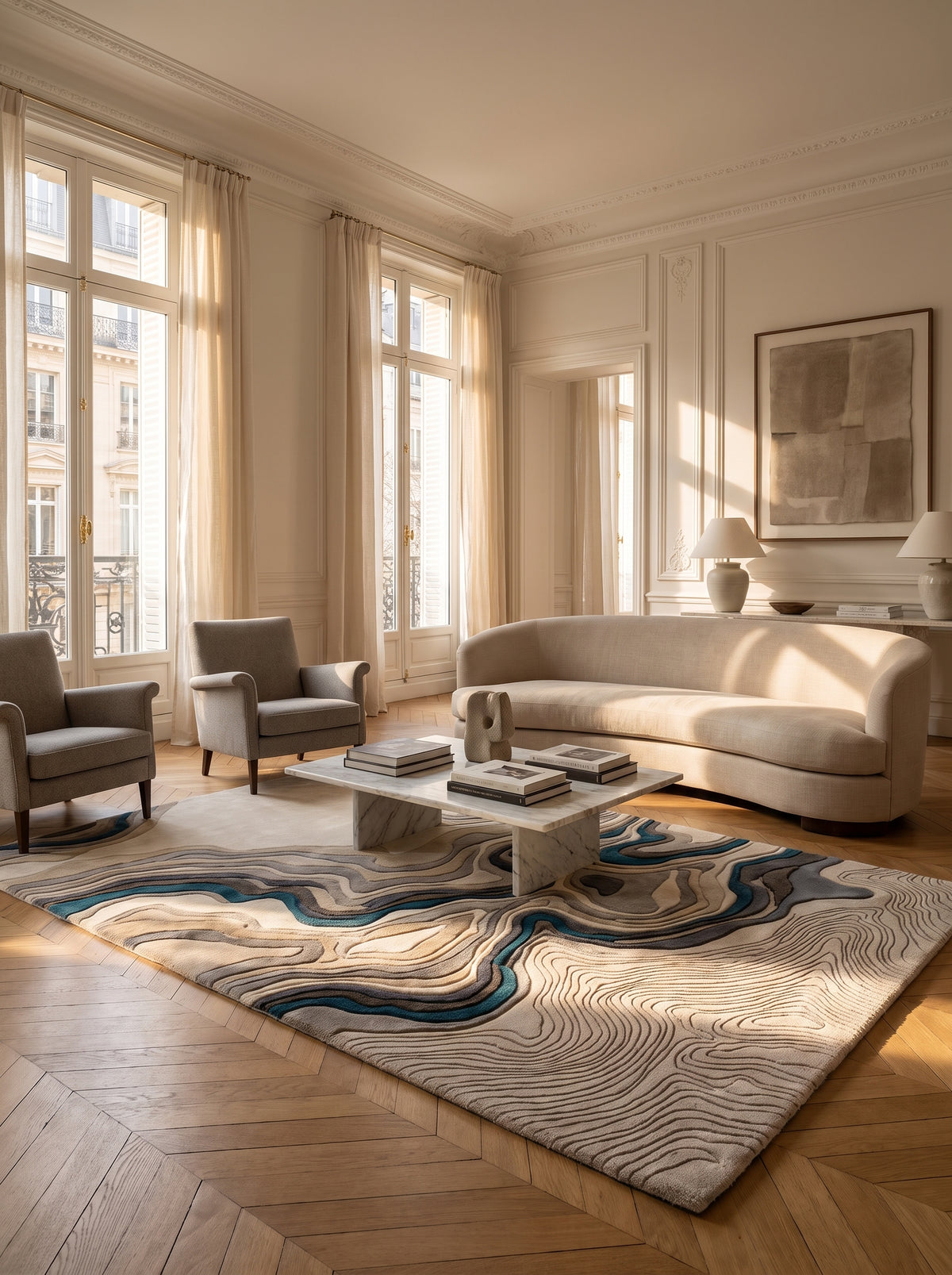 Un tapis en laine ivoire, gris et bleu, aux motifs stratifiés et reliefs sculptés, illumine un salon haussmannien