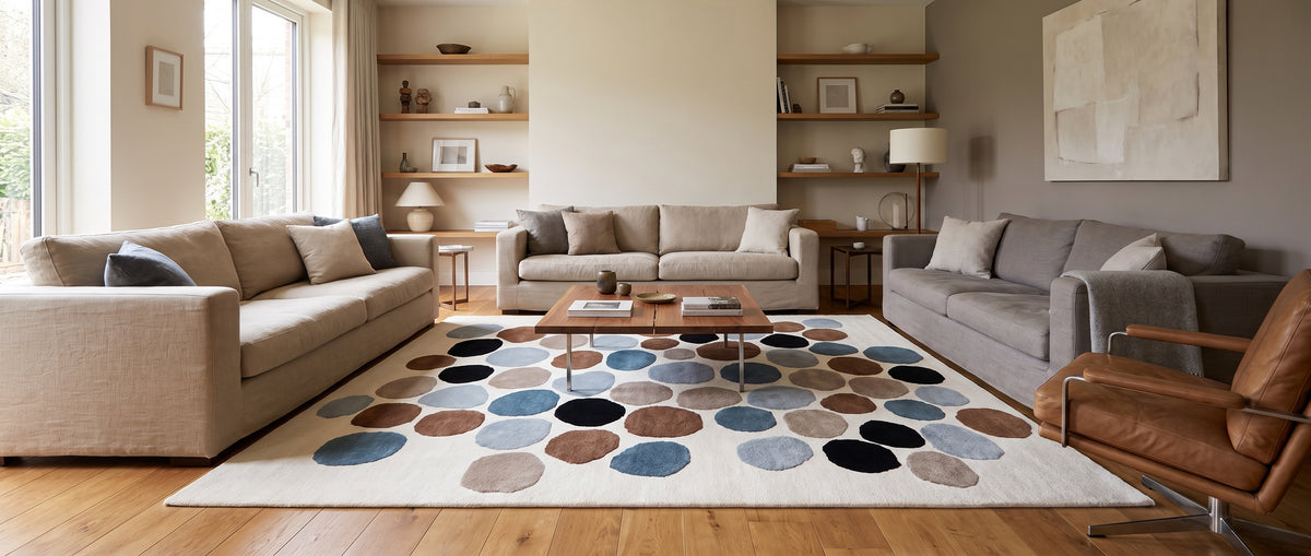 Des motifs de galets bleus, bruns, gris et noirs sur ce tapis en laine ivoire dans un salon lumineux
