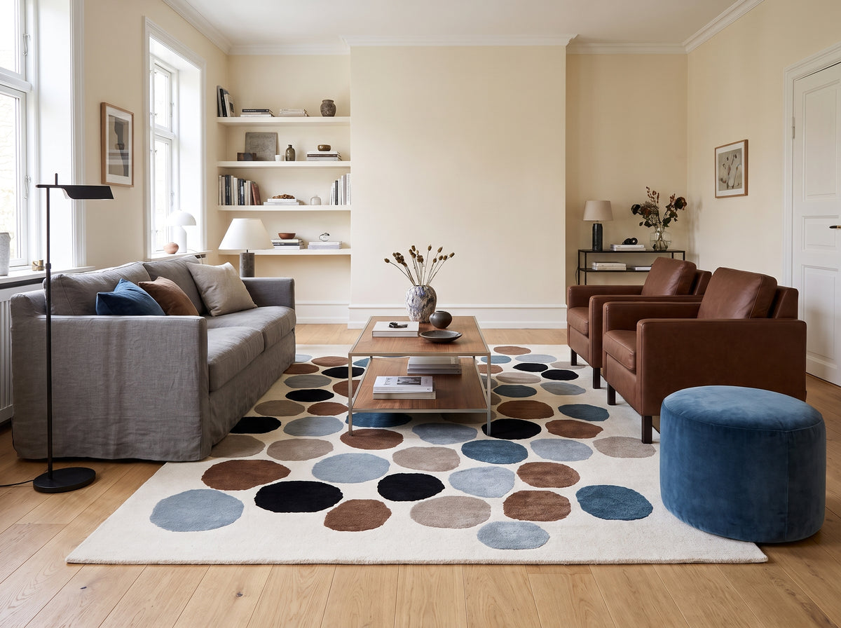 Au sol d'un salon lumineux, un tapis de laine ivoire aux galets bleus, bruns, gris et noirs