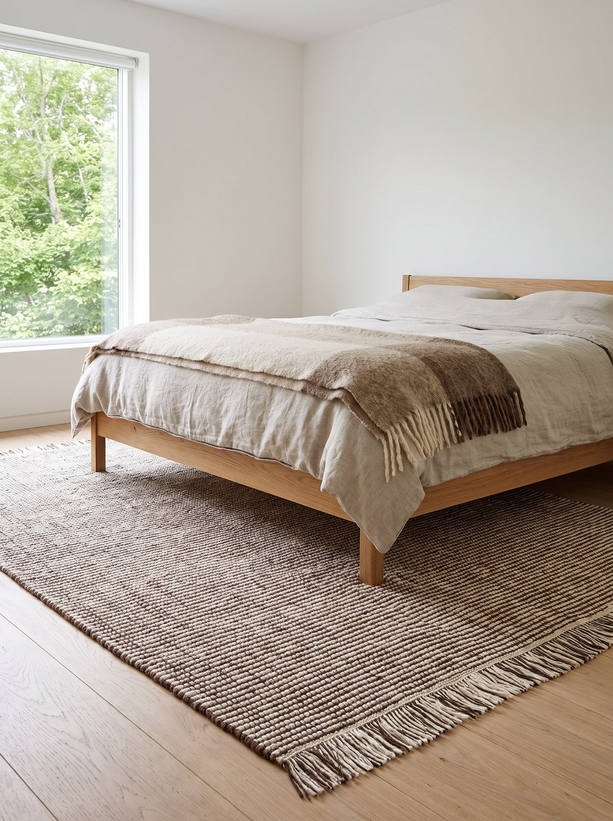 Wollteppich Elfenbein & Braun - Lanosa unter dem Bett im Schlafzimmer eines Architektenhauses, auf hellen Eichendielen