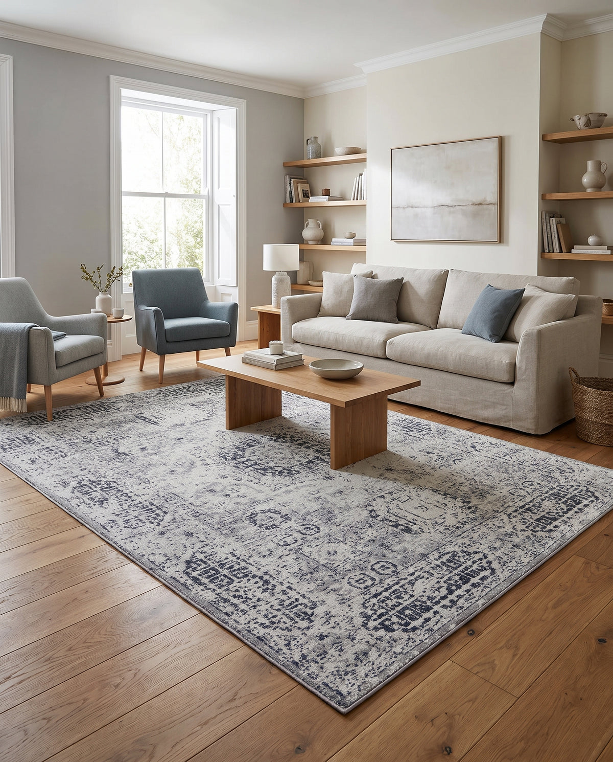 Des motifs gris patinés sur fond ivoire couvrent ce tapis en laine rectangulaire dans un salon lumineux