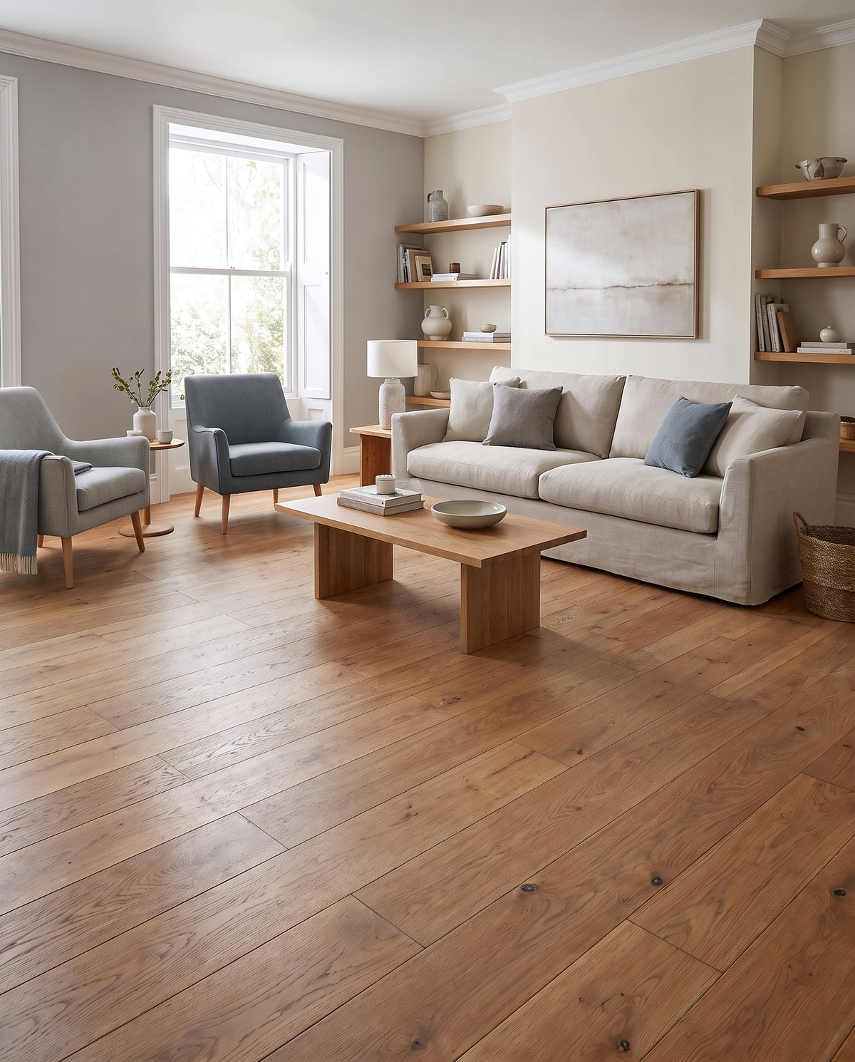 Salon lumineux aux murs clairs et sol parqueté, meublé d'un canapé beige, fauteuils gris et étagères décorées, sans tapis