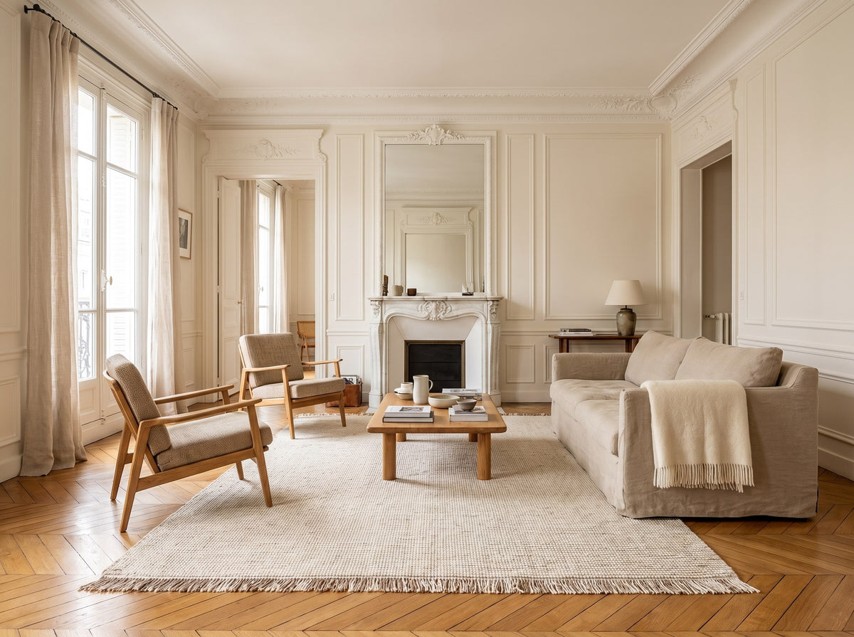 Inspiration déco : Tapis 100% Laine Ivoire et Gris - Lanosa dans un salon haussmannien au parquet en point de Hongrie