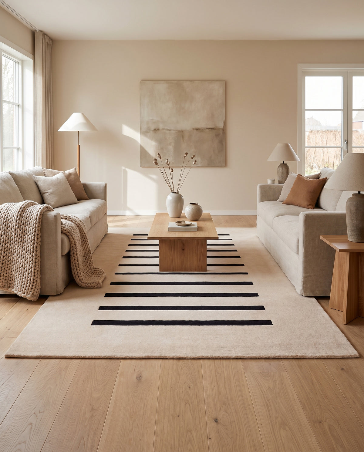 Dans un salon lumineux, un tapis rectangulaire fait main en laine ivoire arbore des bandes noires