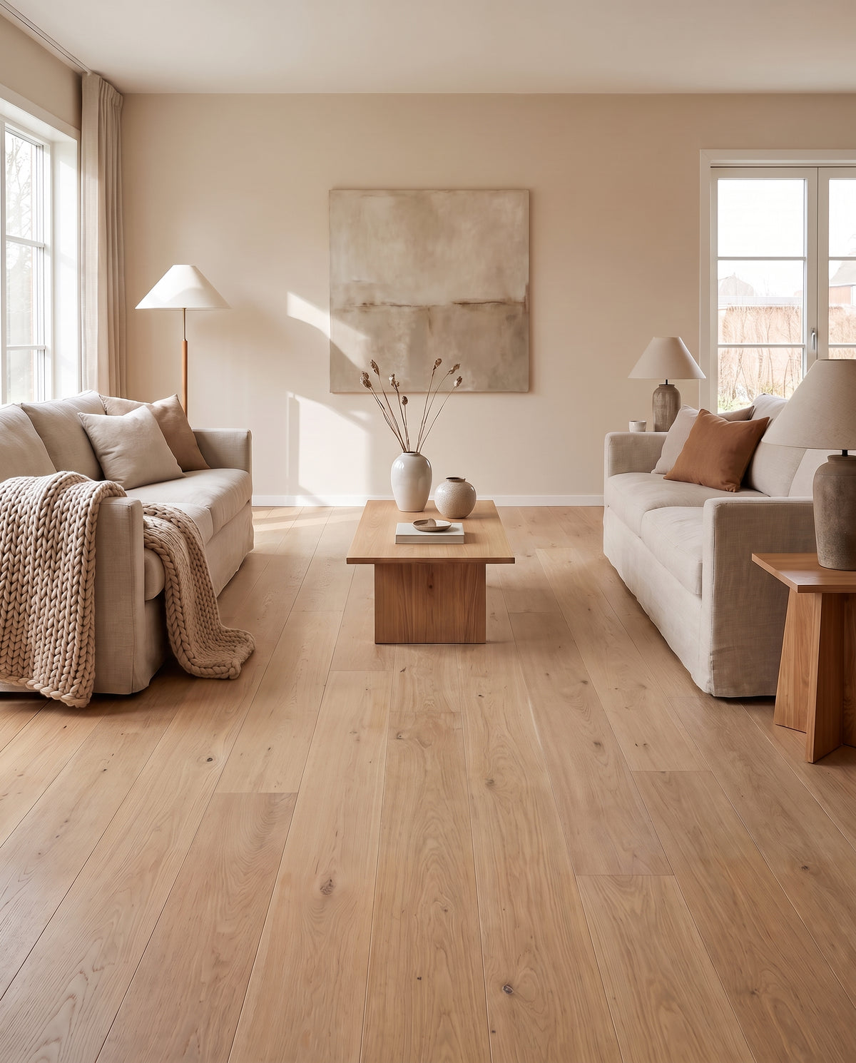 Salon clair, parquet de chêne clair, deux canapés, table basse en bois et déco épurée, sans tapis