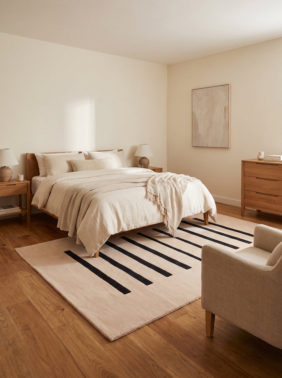 Bandes noires graphiques sur un tapis en laine ivoire fait main, agrémentant le parquet d'une chambre claire