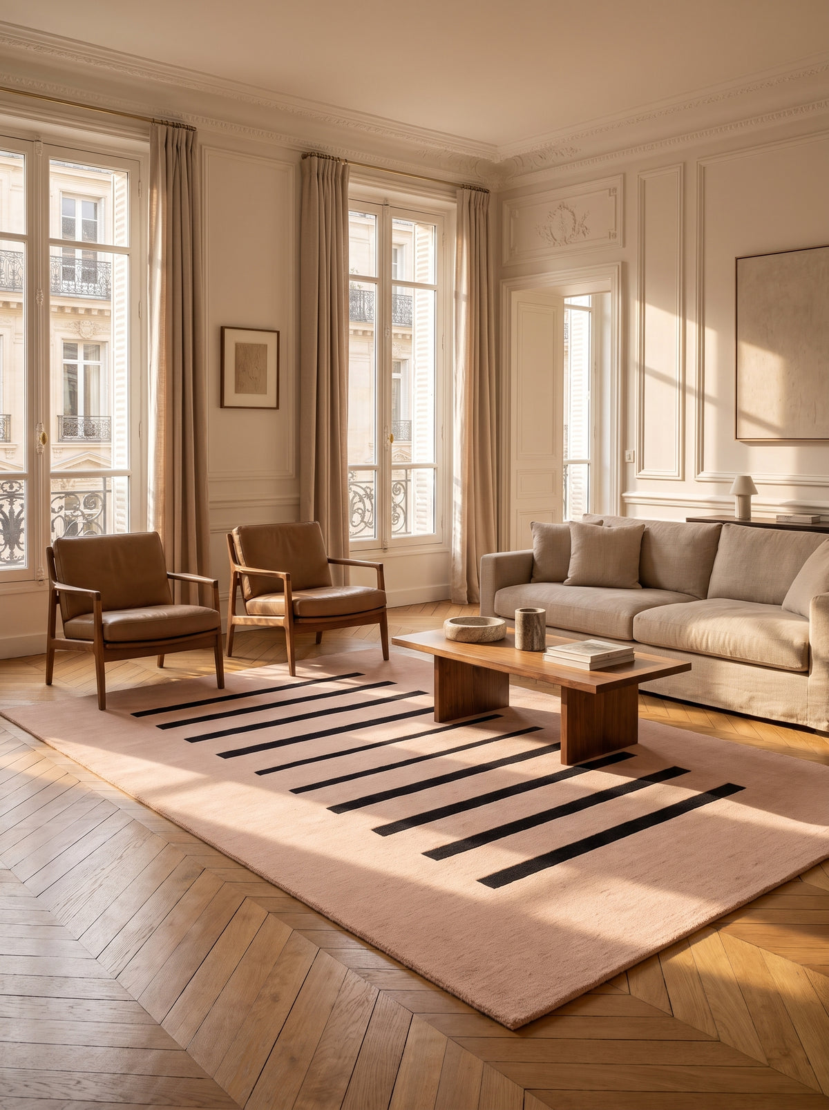 Le motif de bandes noires irrégulières d'un tapis en laine ivoire fait main sur parquet à chevrons