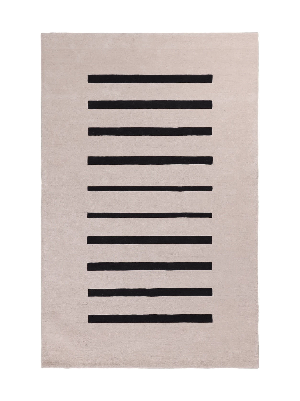 Composition graphique de bandes noires horizontales sur tapis rectangulaire en laine ivoire fait main