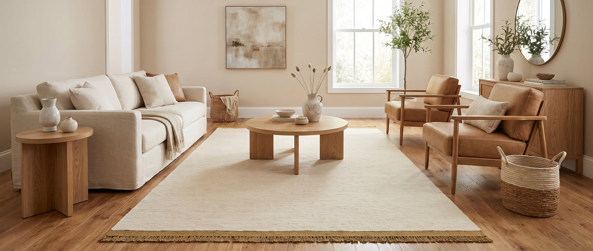 Un tapis en laine ivoire fait main, bordé d'ocre frangé, apporte une touche chaleureuse à ce salon