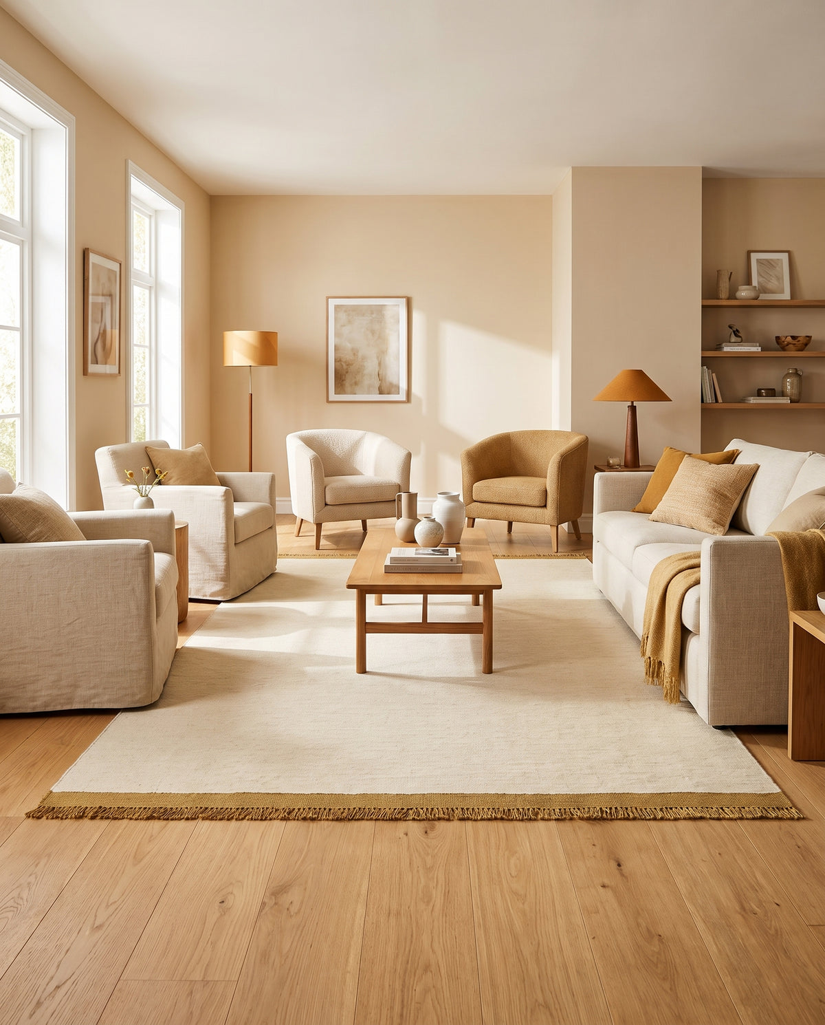 Laine ivoire et bordures ocre frangées pour ce tapis rectangulaire dans un intérieur clair