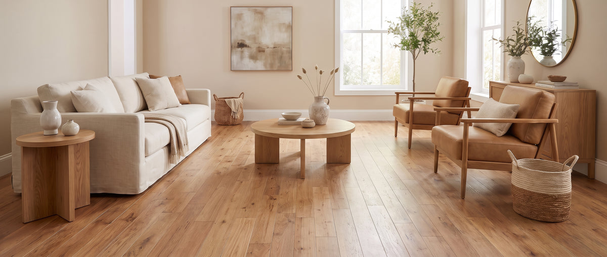 Pièce sans tapis et sol en parquet clair, meublée d'un canapé crème, fauteuils en cuir et table basse en bois