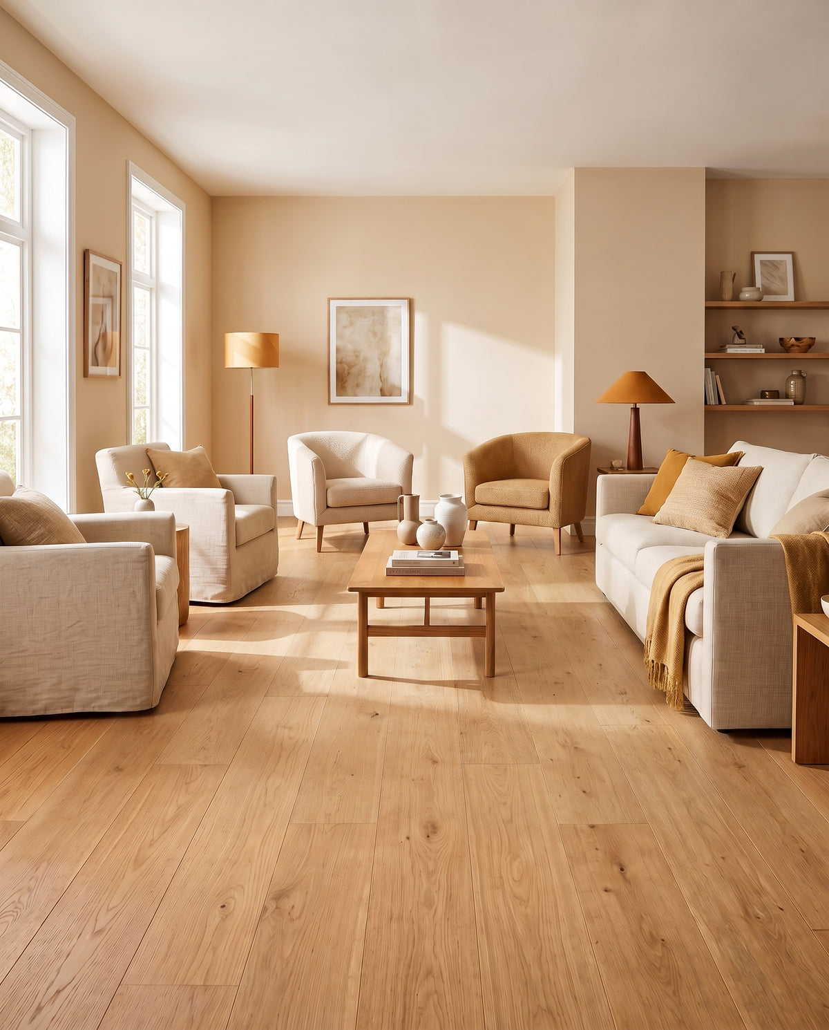 Salon clair au parquet de bois, sans tapis, meublé d'un canapé crème, de fauteuils et d'une table basse en bois