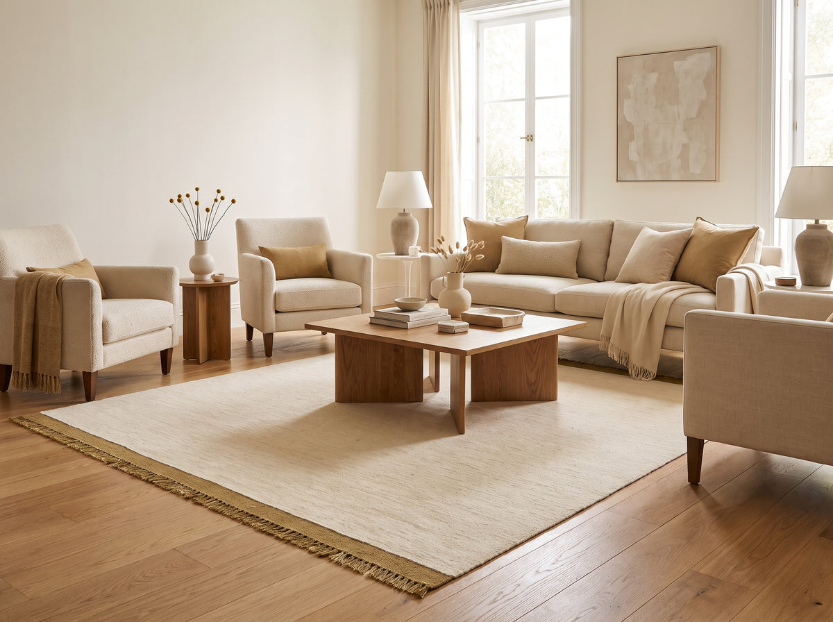 Tissage fin ivoire avec bordure ocre frangée pour ce tapis rectangulaire en laine, dans un salon