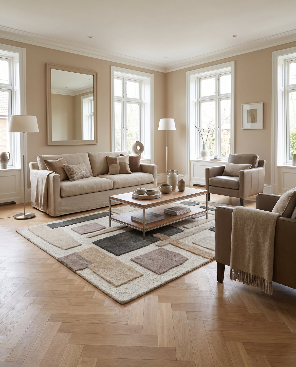 Des blocs de laine tuftée ivoire, sable, taupe, brun et anthracite en relief animent un salon clair