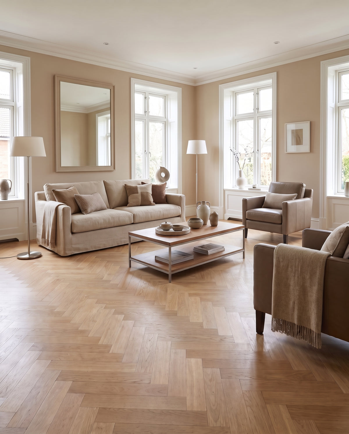 Un salon lumineux aux teintes douces avec parquet à chevrons, canapés et fauteuils, le sol nu sans tapis