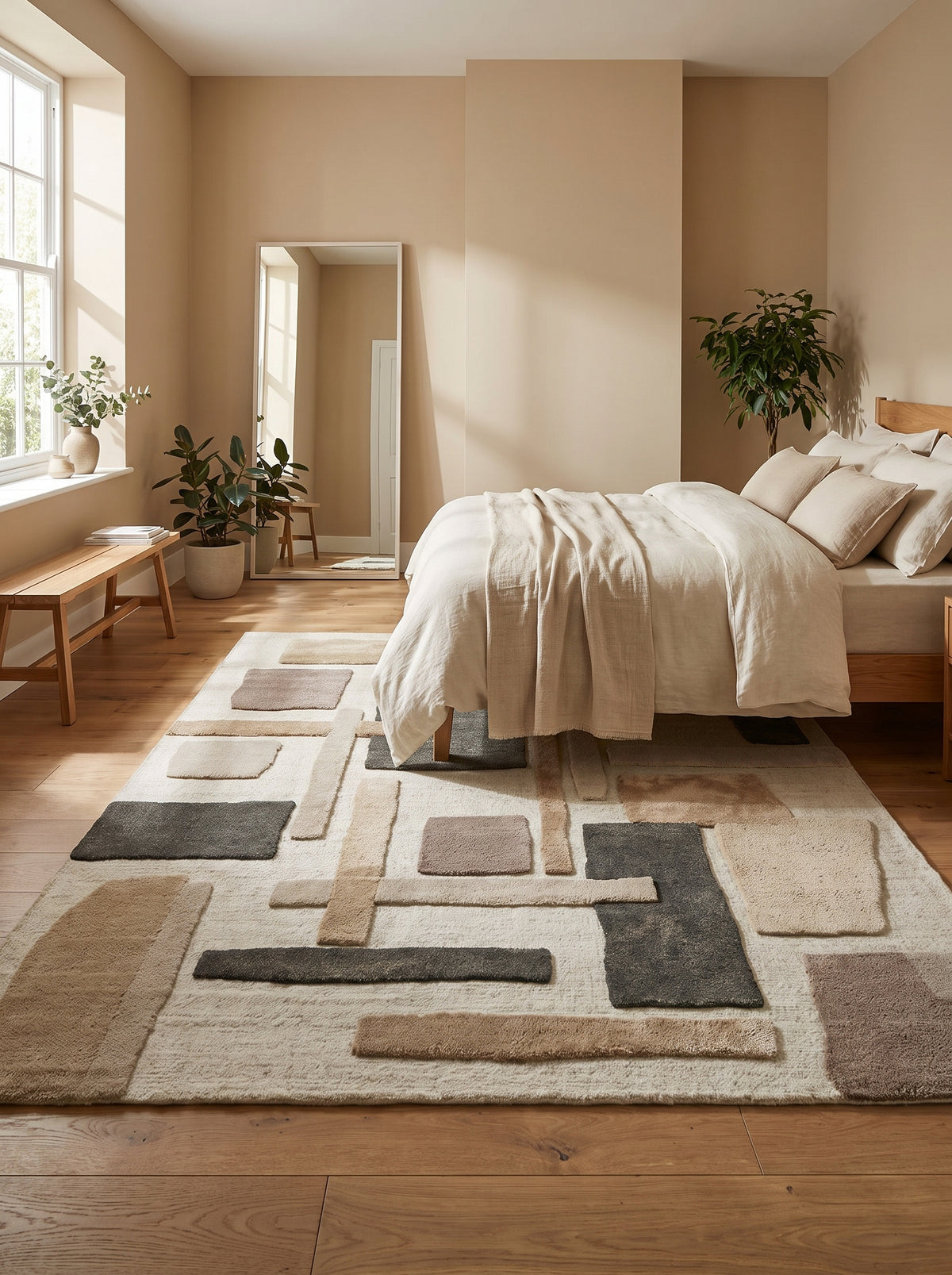Des motifs géométriques ivoire, sable, taupe, brun et anthracite en laine tuftée sculptée animent une chambre lumineuse