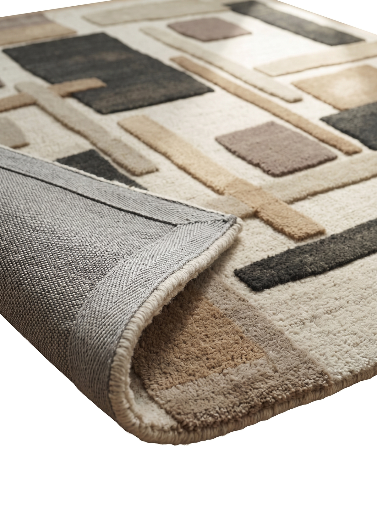 Le dos en toile tissée et la bordure cousue d'un tapis en laine sculptée ivoire et taupe