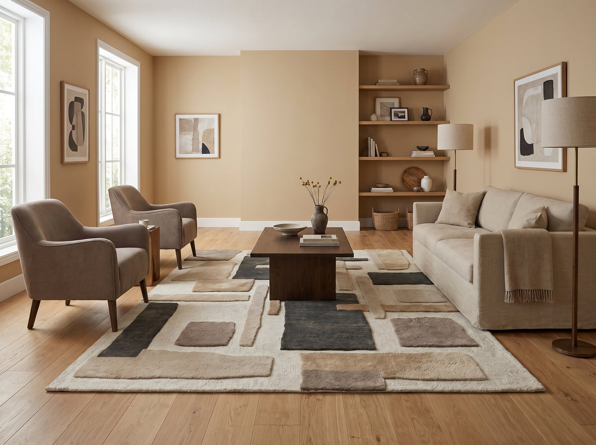 Ce tapis rectangulaire en laine tuftée sculpte des blocs ivoire, sable, taupe, brun et anthracite dans un salon moderne