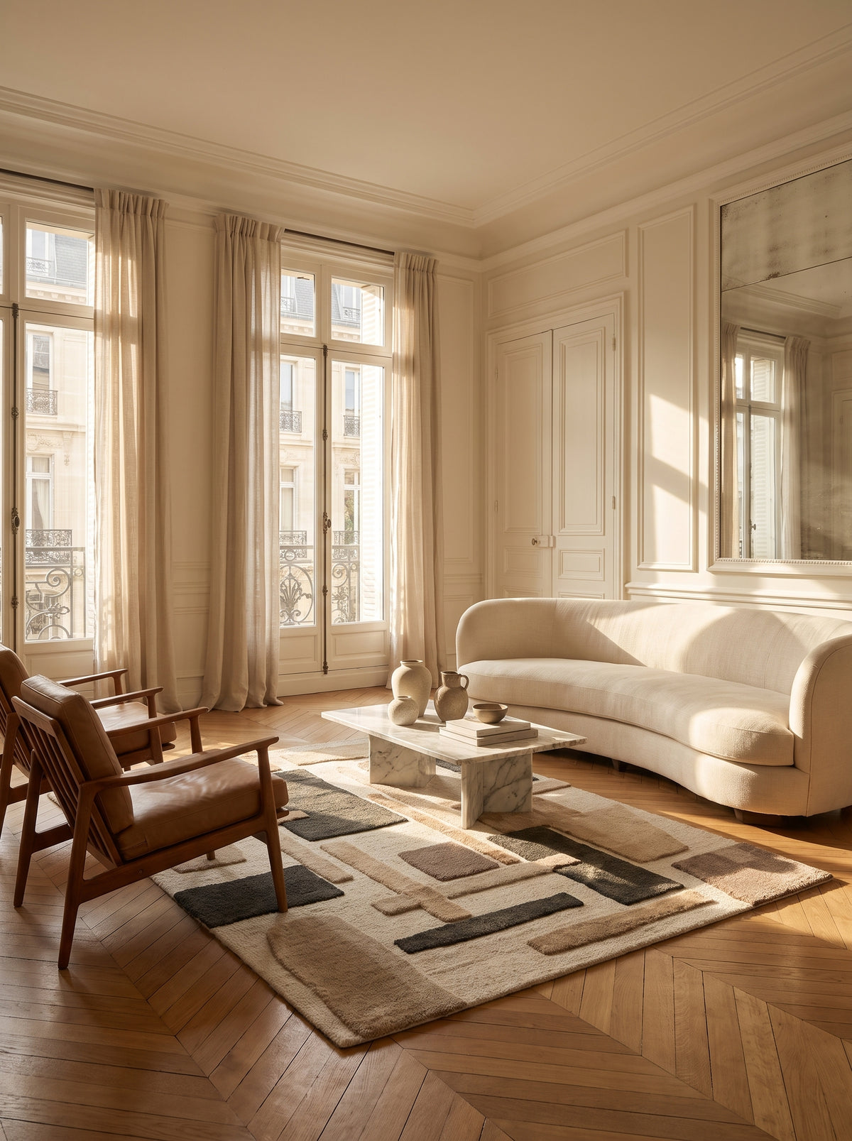 Laine ivoire et taupe, aux blocs sable, brun et anthracite en relief dans un salon haussmannien