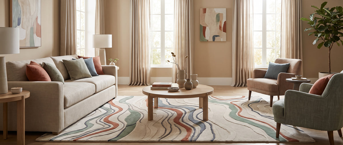 Motif abstrait d'ondes terracotta, vert sauge et bleu-gris en relief sur fond ivoire de ce tapis en laine dans un salon