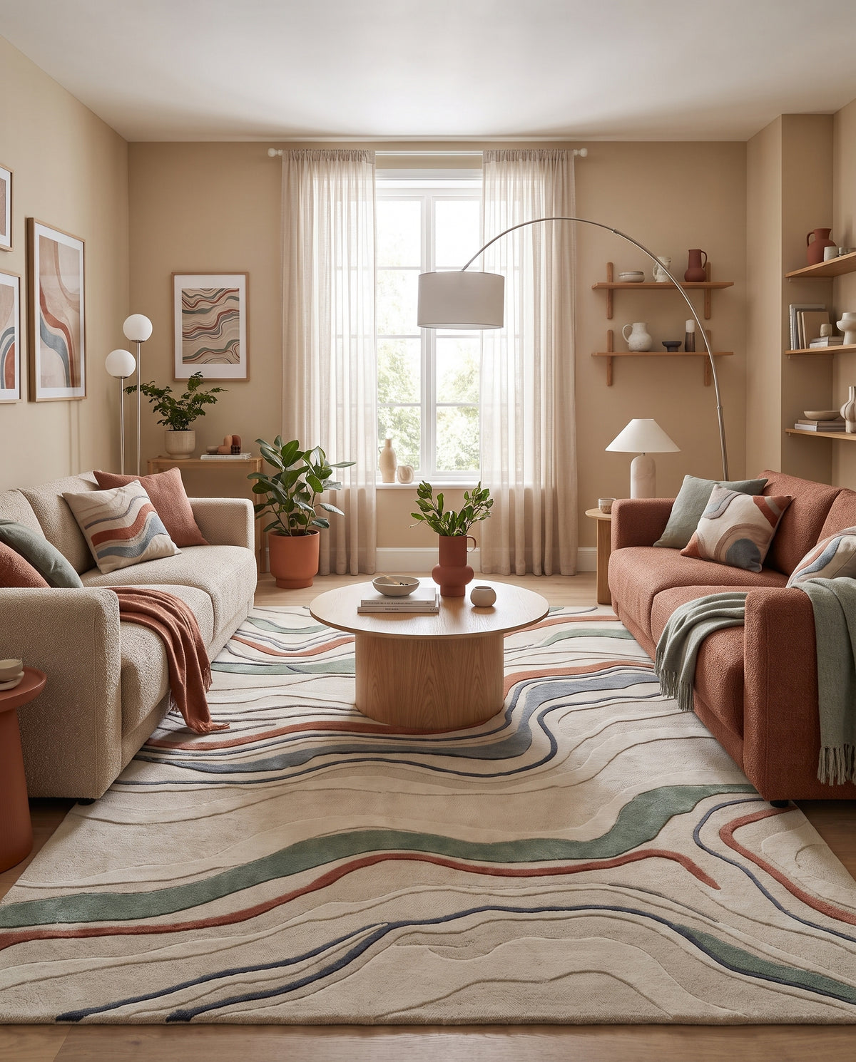 Sur un fond ivoire, ce tapis en laine présente des ondes sculptées terracotta, vert sauge et bleu-gris dans un salon