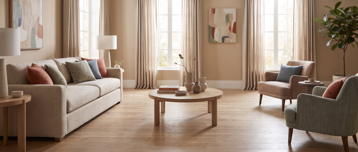 Salon clair au sol en bois, canapé beige et ses coussins colorés, fauteuils et table basse, sans tapis
