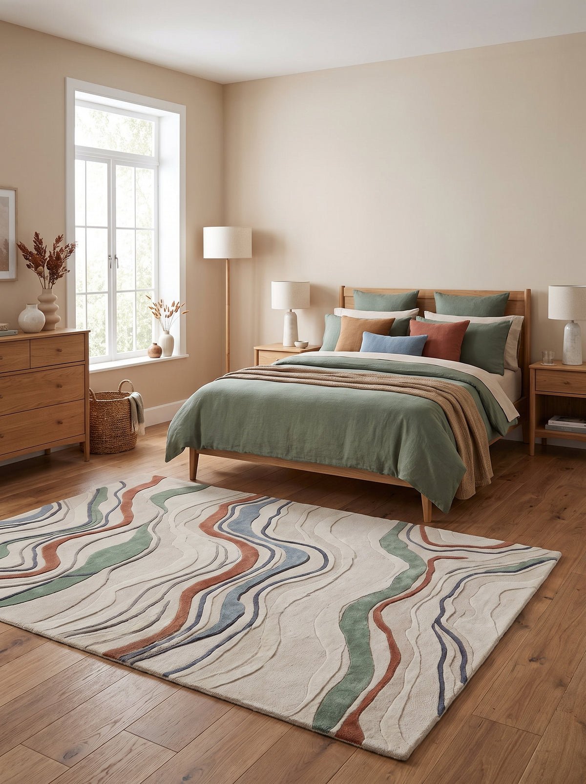 Ivoire et terracotta, ce tapis en laine tuftée aux ondes vertes et bleues donne du relief à la chambre