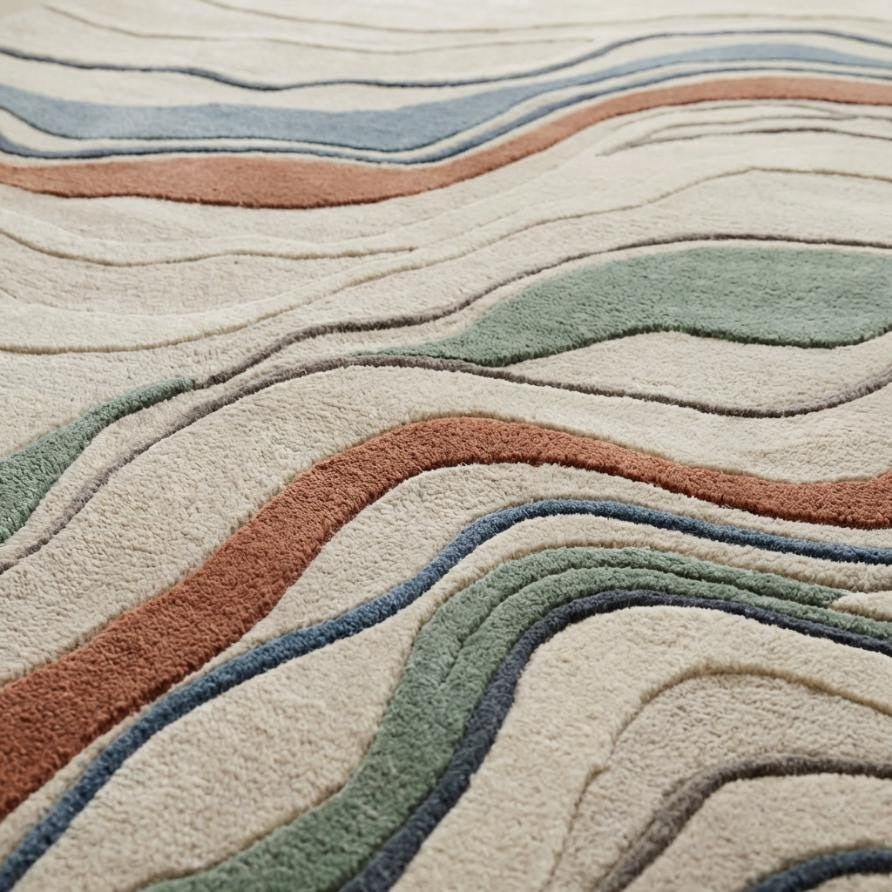 Détail du tapis en laine ivoire aux motifs ondulants, mettant en lumière le relief sculpté et la texture des fibres