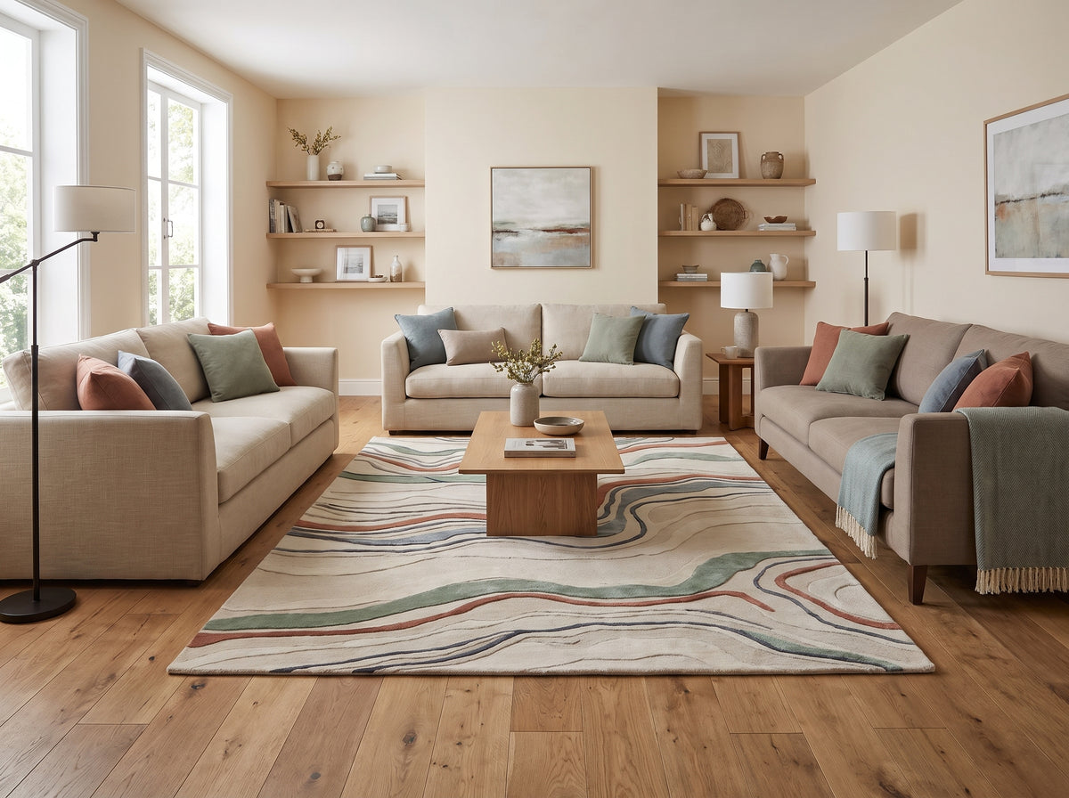 Laine ivoire tuftée aux ondes sculptées terracotta, vert sauge et bleu-gris, au sol d'un salon clair